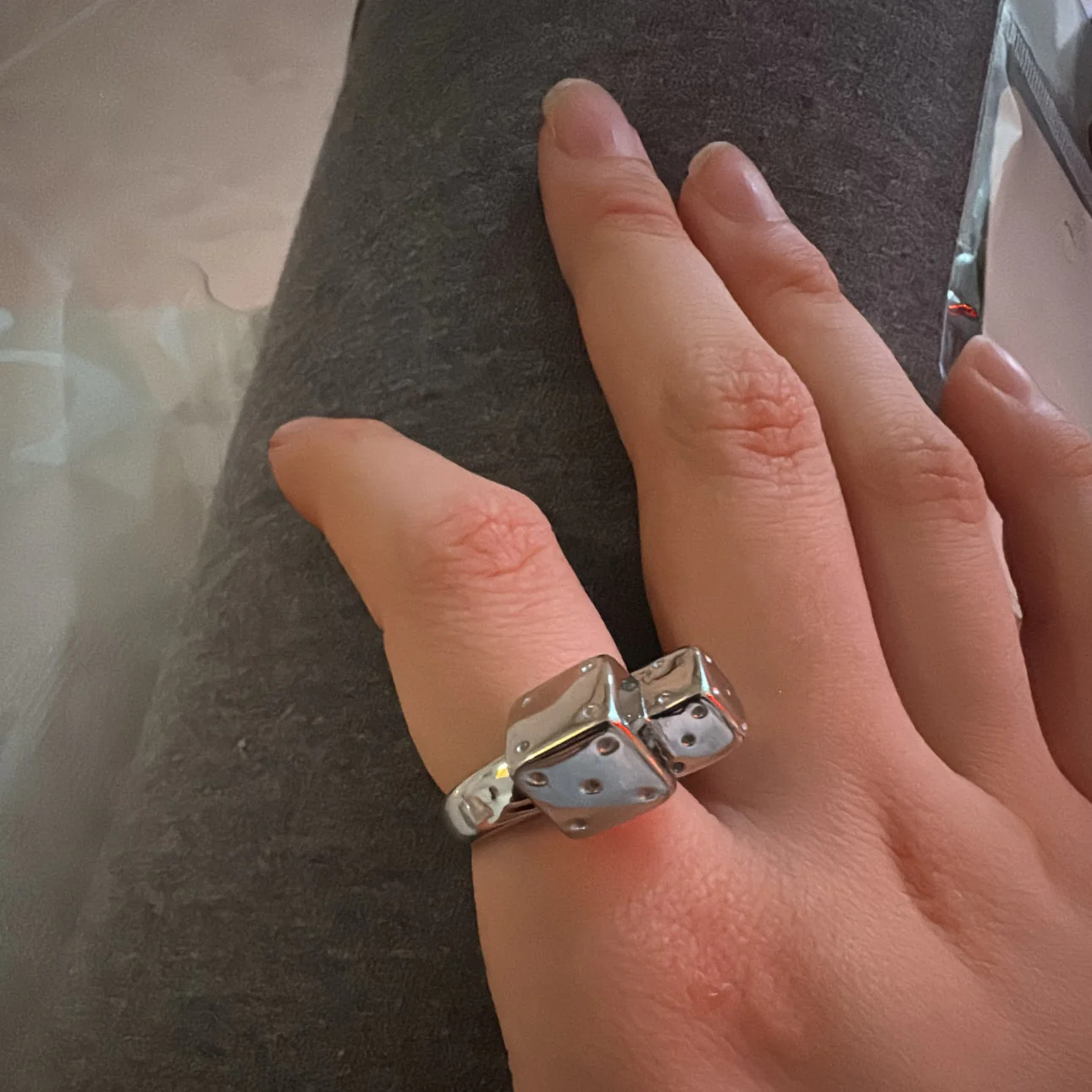Dice Lay Down Silver Stainless Steel Non Tarnish Open Size Ring - Image 5
