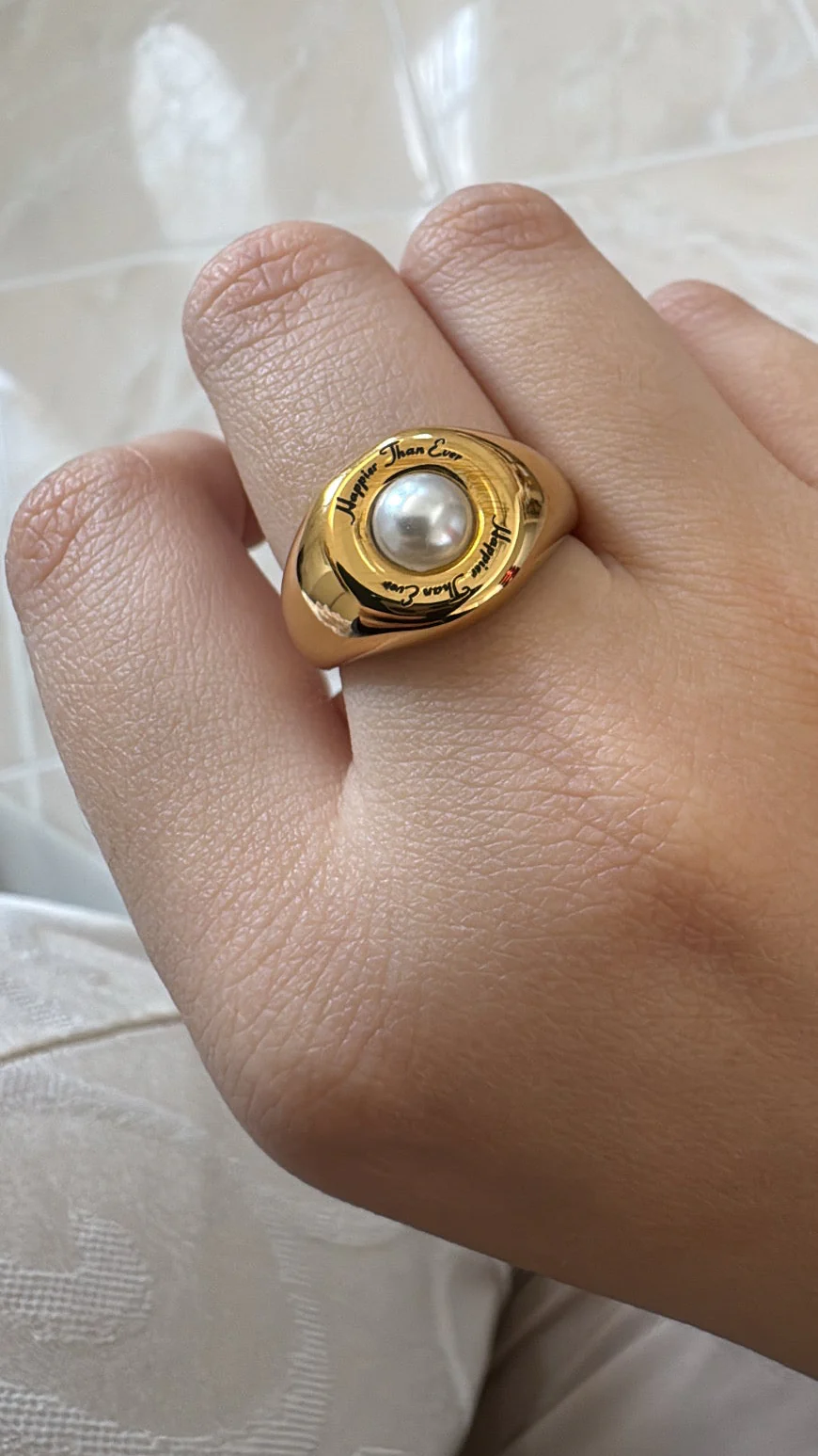 HTE Vegan Pearl Stainless Steel Open Sized Ring - Image 3